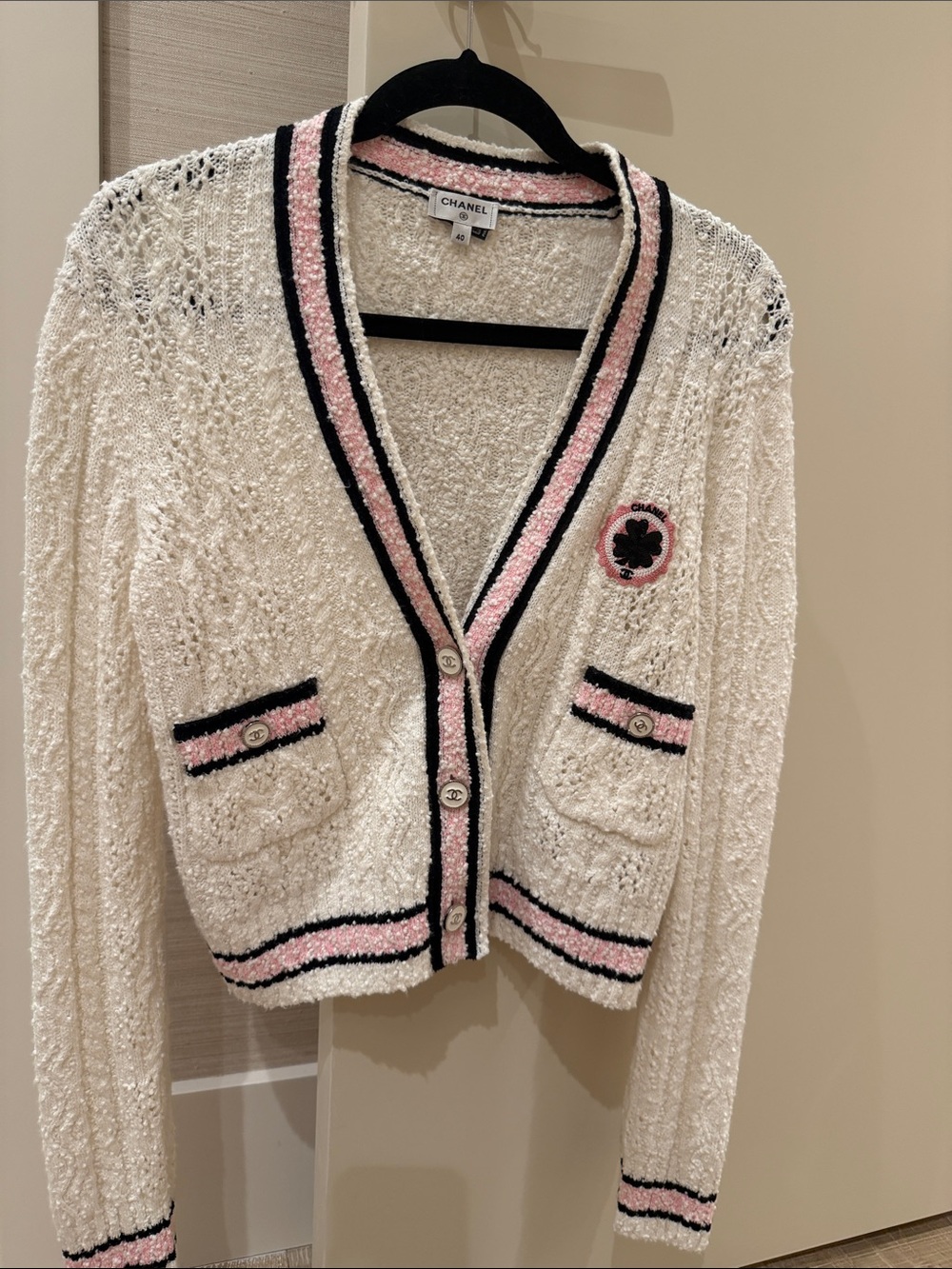 CHANEL Chanel 24P White, Pink, & Black Clover-Patch Openwork Cardigan